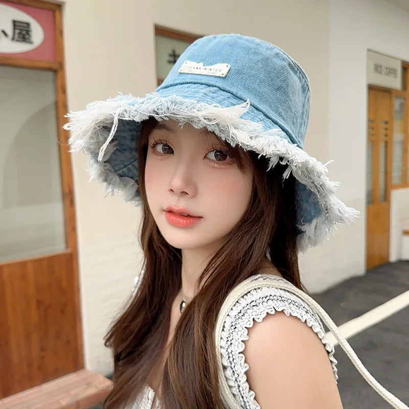 Washed Denim Wide Brim Bucket Hat