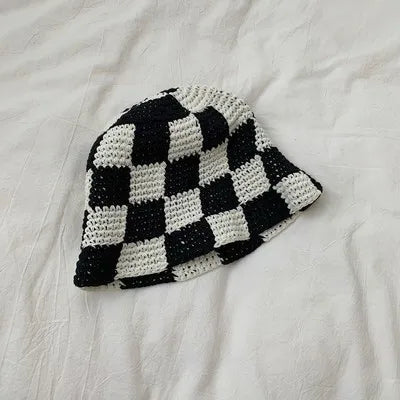 Korean Handmade Crochet Plaid Fisherman Bucket Hat