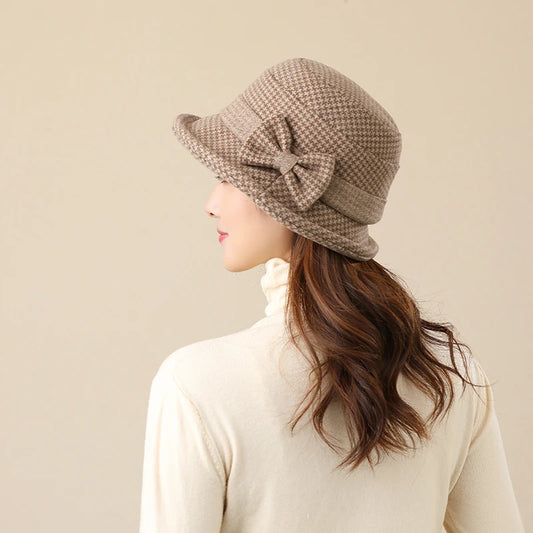 Women Houndstooth Bow Bucket Hat