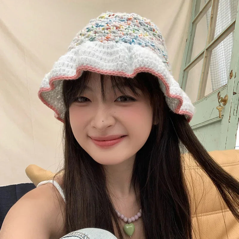 Dopamine Contrast Color Knitted Breathable Women Bucket Hat