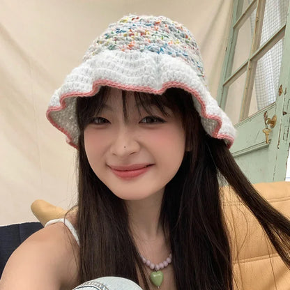 Dopamine Contrast Color Knitted Breathable Women Bucket Hat