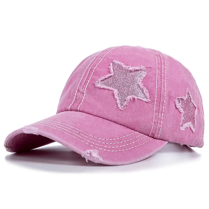 Distressed Star Curved Brim Ponytail Baseball Cap