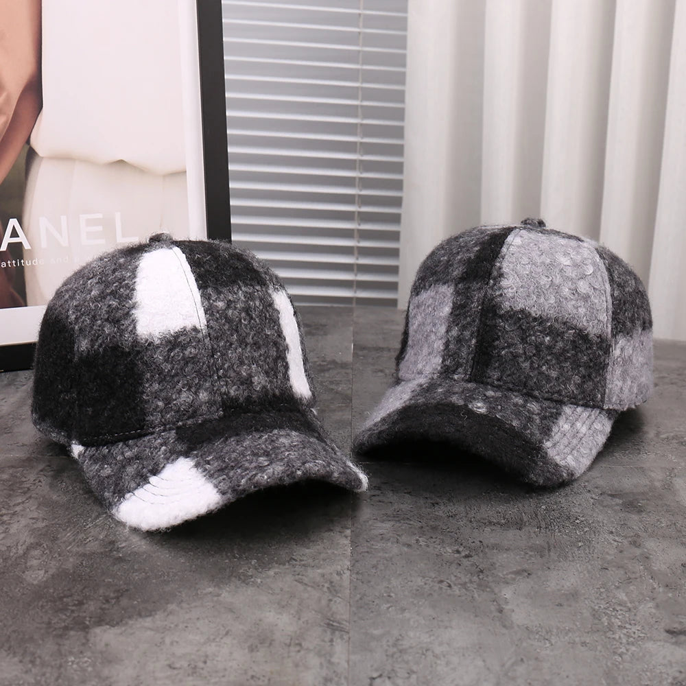 Plaid Adjustable Casual Baseball Cap Versatile Windproof Black White