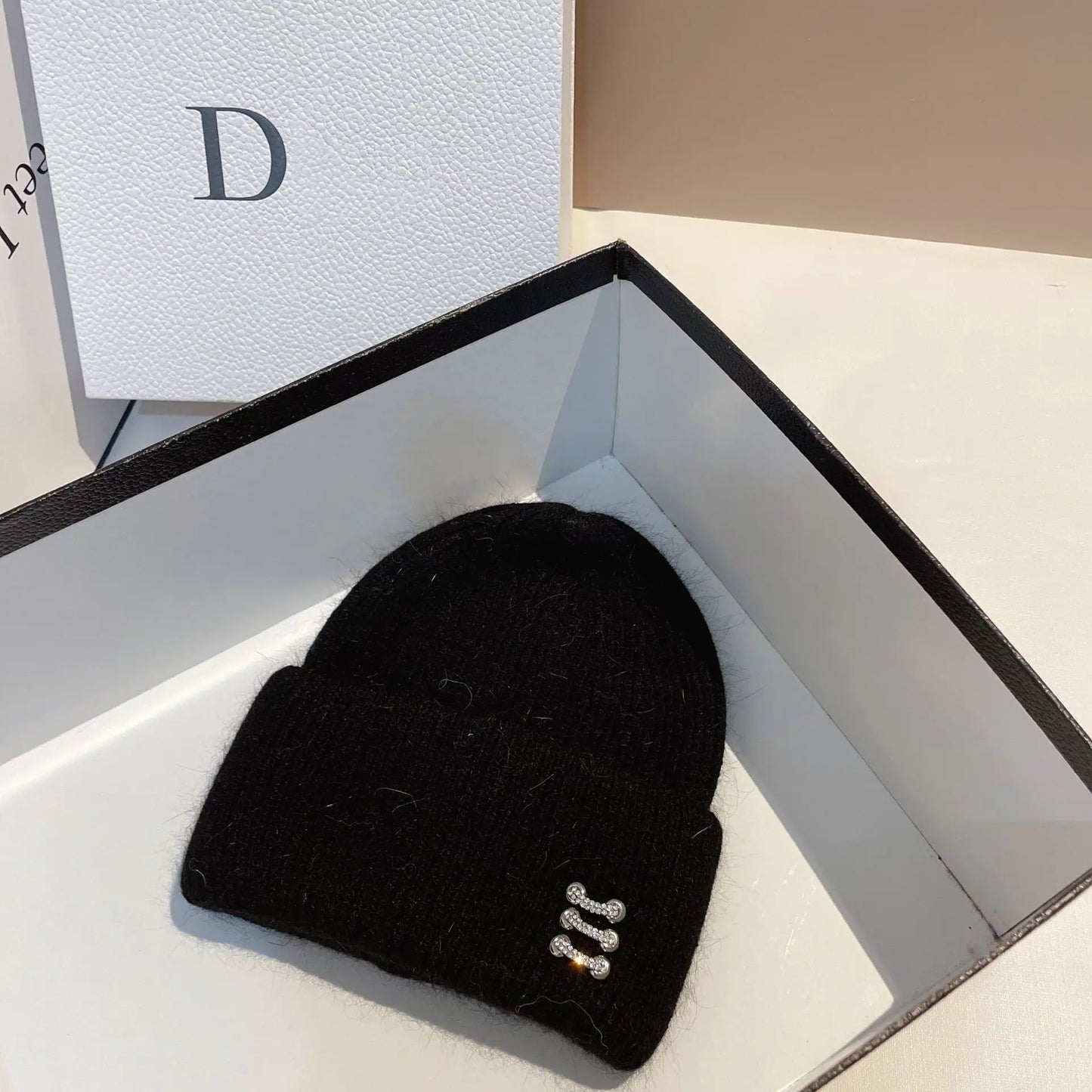 Trendy Ring Buckle Detail Rabbit Hair Knitted Hat