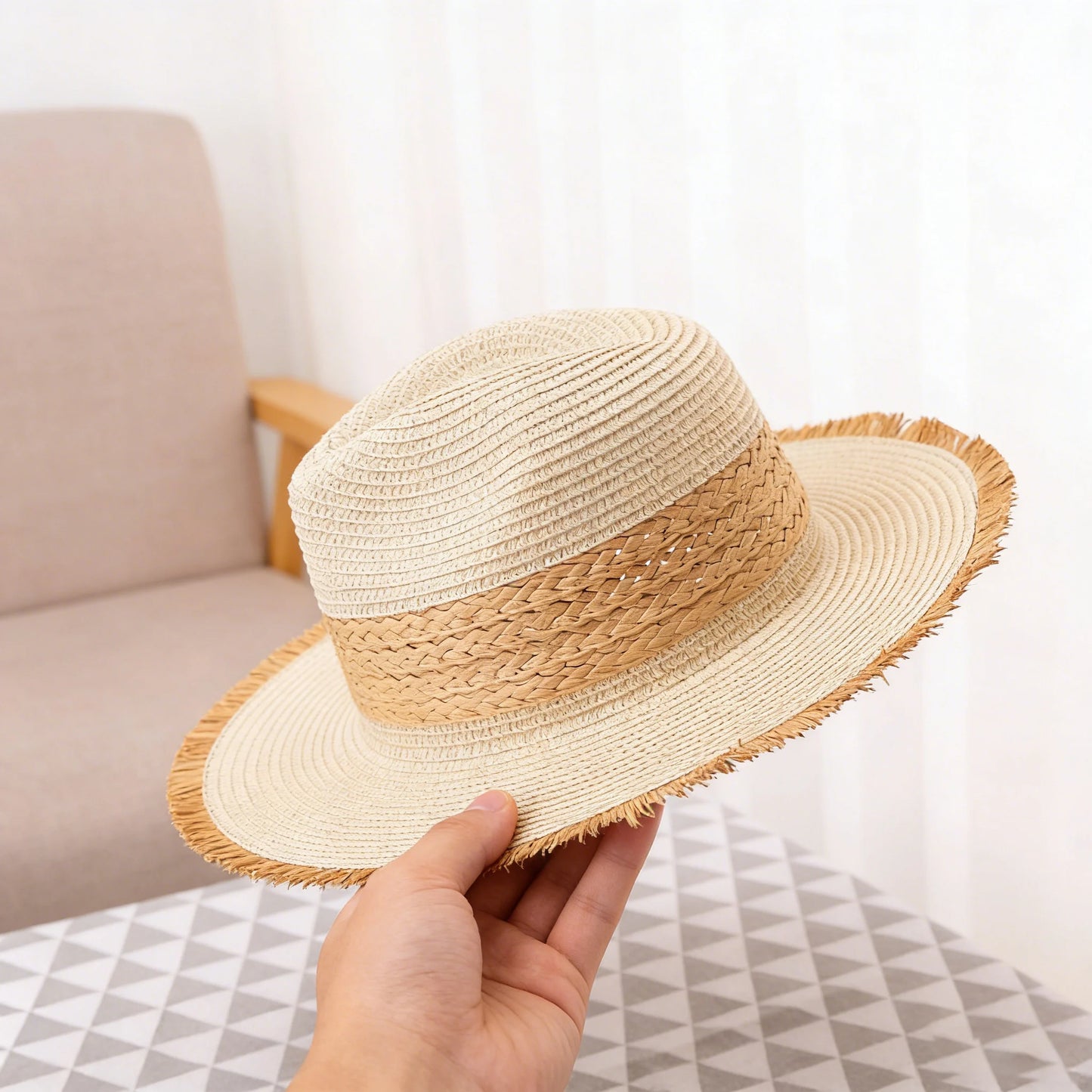 Vintage Two Tone Raw Edge Straw Bucket Hat