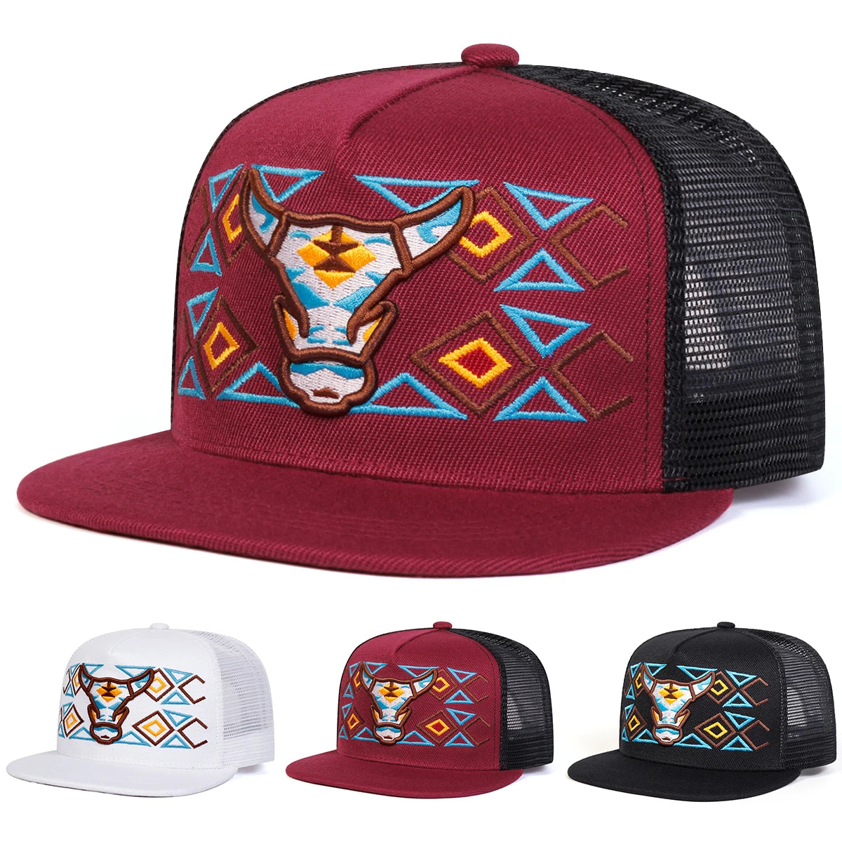 Unisex Ox Head Embroidery Hip-hop Net Hats