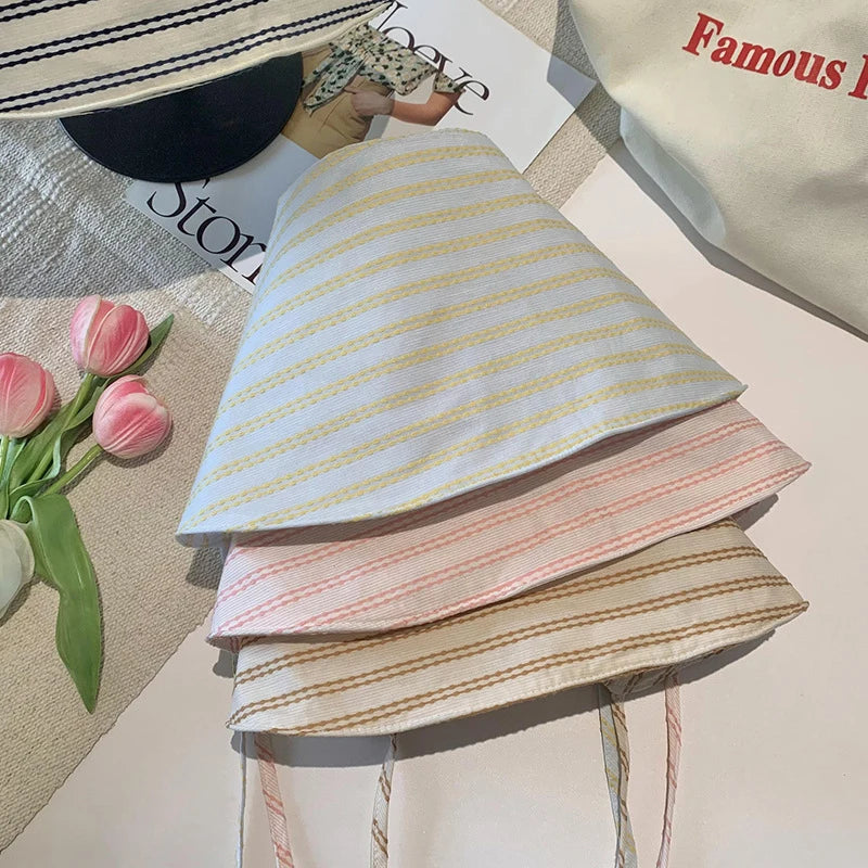 Large Brim Foldable Korean Striped Bucket Hat