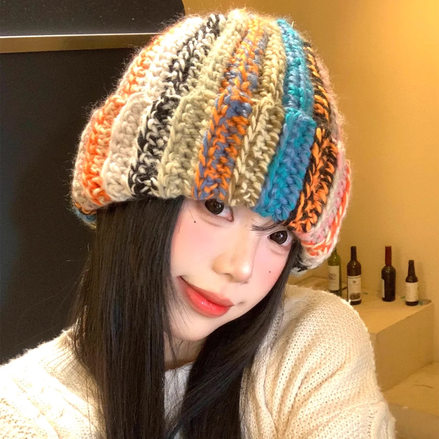 Color Striped Wool Knit Winter Bucket Hat