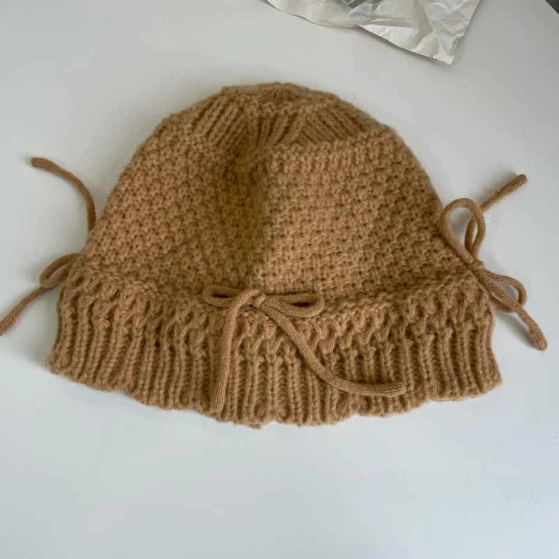 Korean Bow Decor Knit Bucket Hat