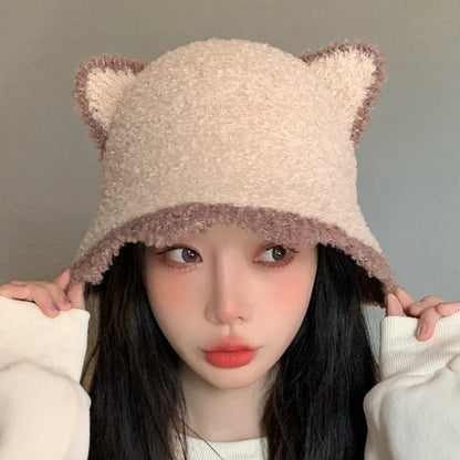Plush Knit Cat Ears Bucket Hat