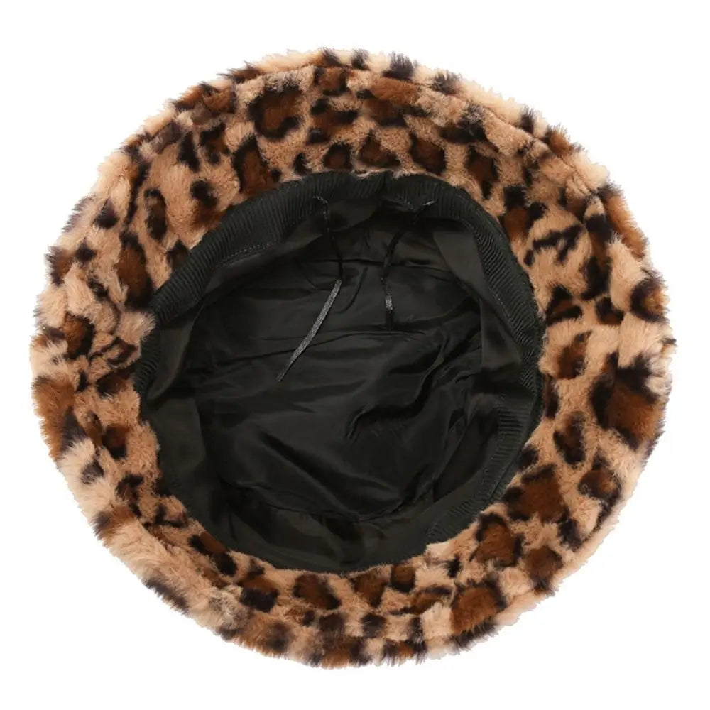 Leopard Print Plush Winter Bucket Hat