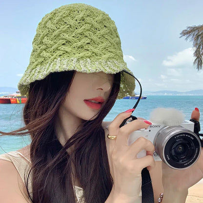 Hollow Woven Japanese Style Breathable Women Bucket Hat