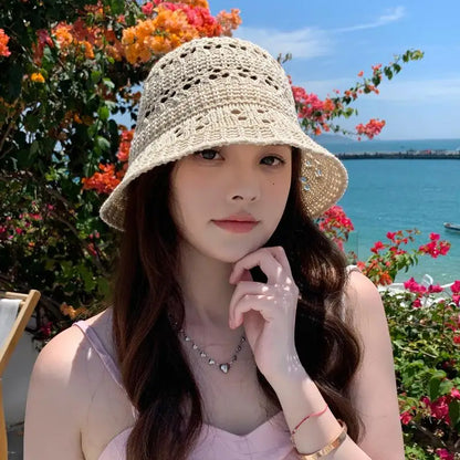Womens Summer Hollow Breathable Foldable Beach Bucket Hat