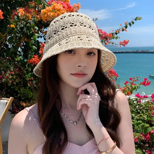 Womens Summer Hollow Breathable Foldable Beach Bucket Hat