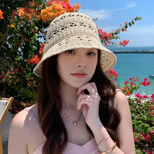 Womens Summer Hollow Breathable Foldable Beach Bucket Hat