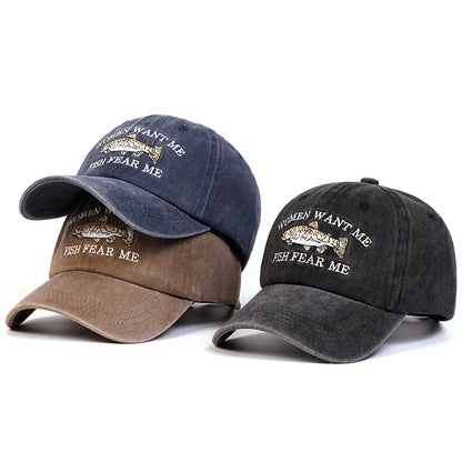 Unisex Fish Embroidery Wash Baseball Caps