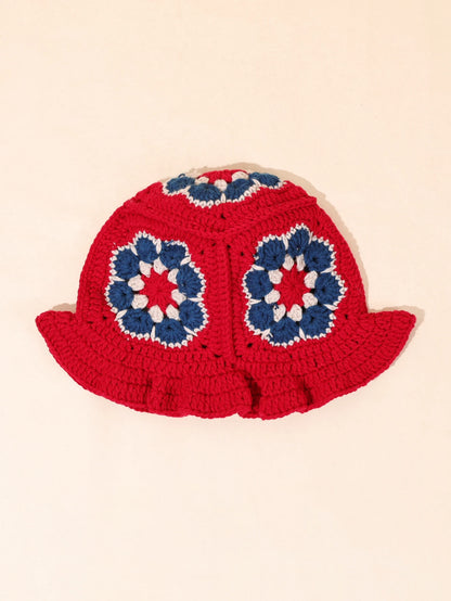 Vintage Red Crochet Floral Winter Bucket Hat