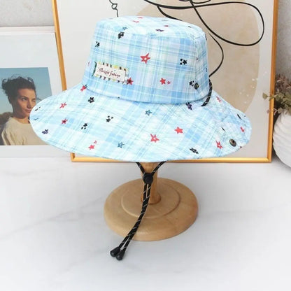 Portable Plaid Wide Brim Adjustable Sun Protection Bucket Hat