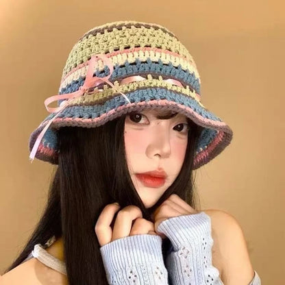 Bow Colored Knitted Hollow Travel Woolen Bucket Hat