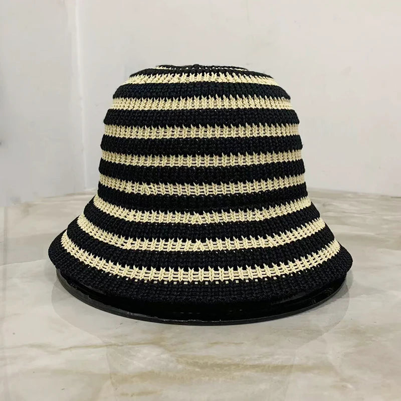 Striped Hollow Weave Breathable Summer Bucket Hat