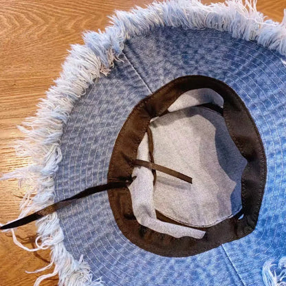 Washed Denim Tassel Wide Brim Bucket Hat