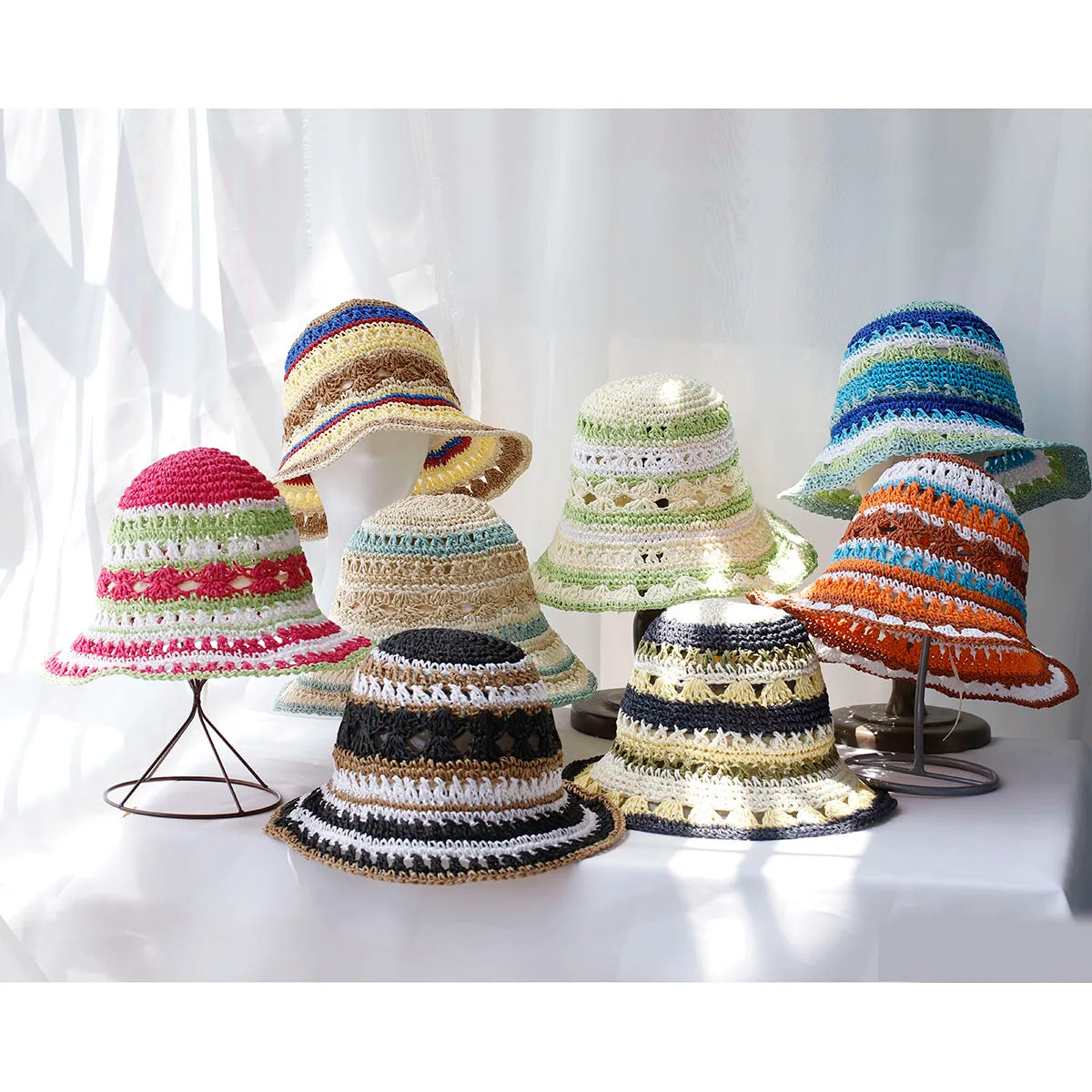 Handmade Rainbow Woven Japanese Straw Bucket Hat