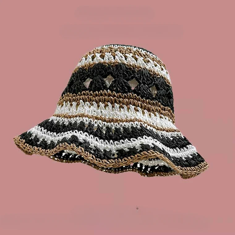 Seaside Colorful Striped Hollow Straw Bucket Hat