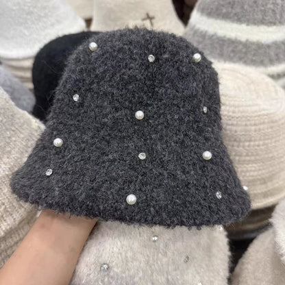 Pearl Rhinestone Plush Winter Bucket Hat for Women