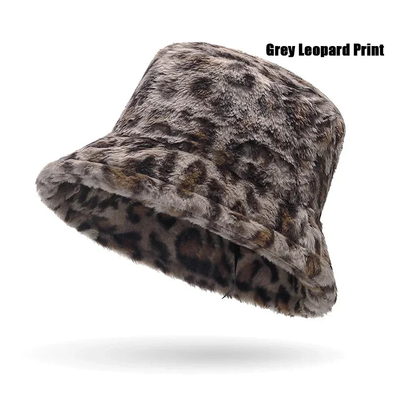 Leopard Print Plush Winter Bucket Hat