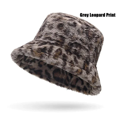 Leopard Print Plush Winter Bucket Hat