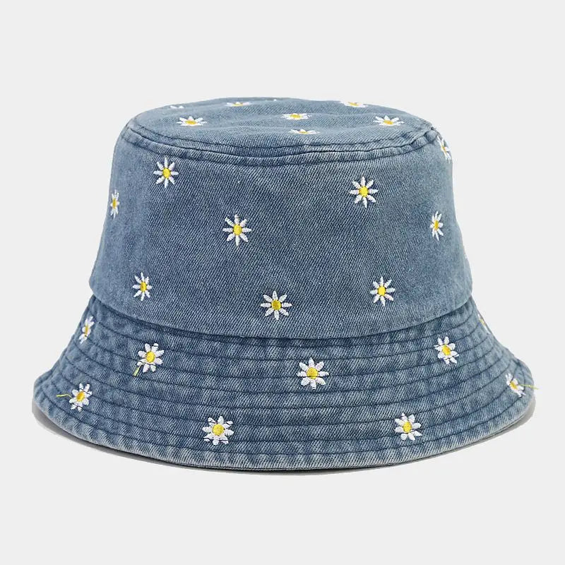 Denim Flower Embroidery Travel Bucket Hat