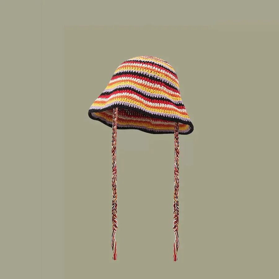 Large Size Contrasting Striped Crochet Hollow Bucket Hat