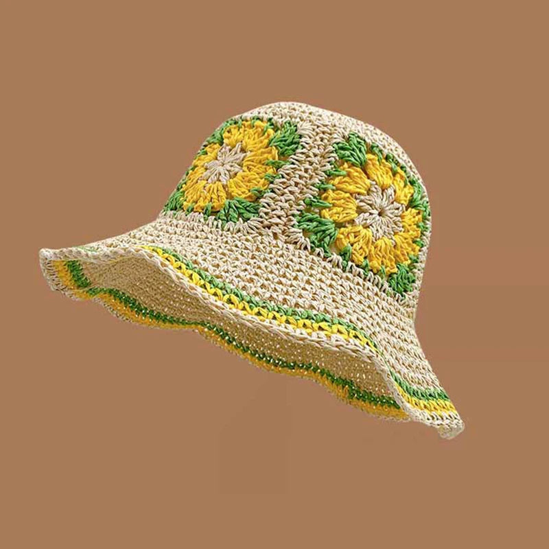 Spring Summer Hollow Crochet Straw Visor Bucket Hat