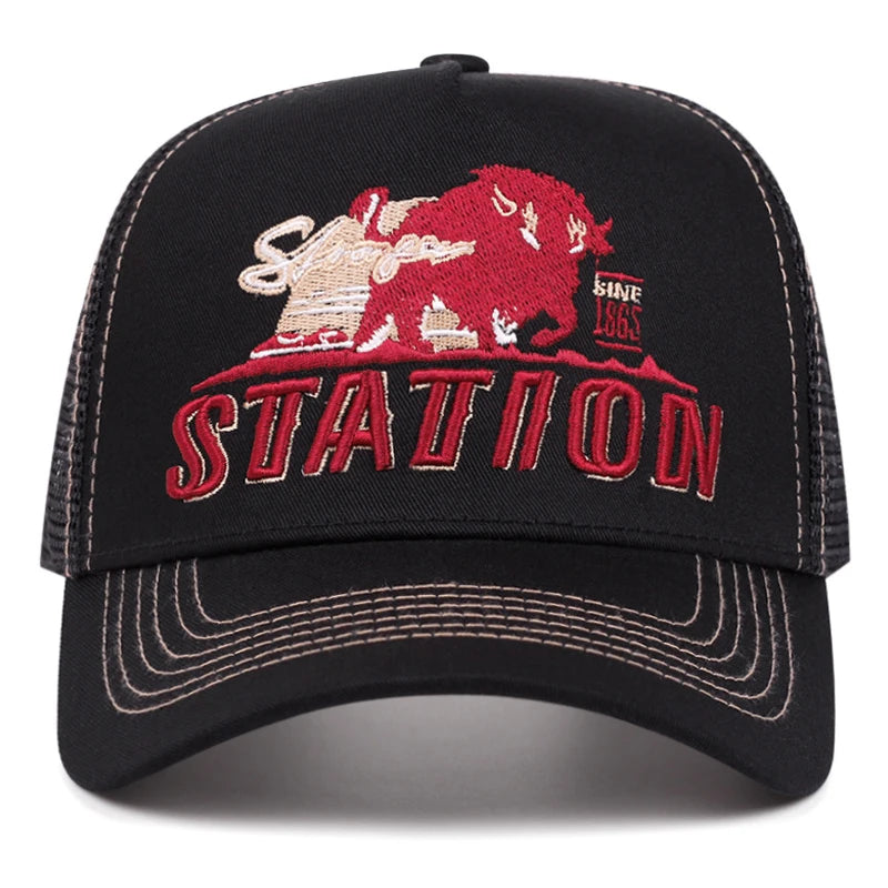 Unisex Station Bull Embroidered Mesh Trucker Cap