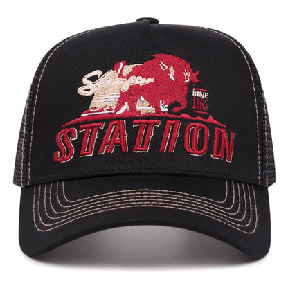 Unisex Station Bull Embroidered Mesh Trucker Cap