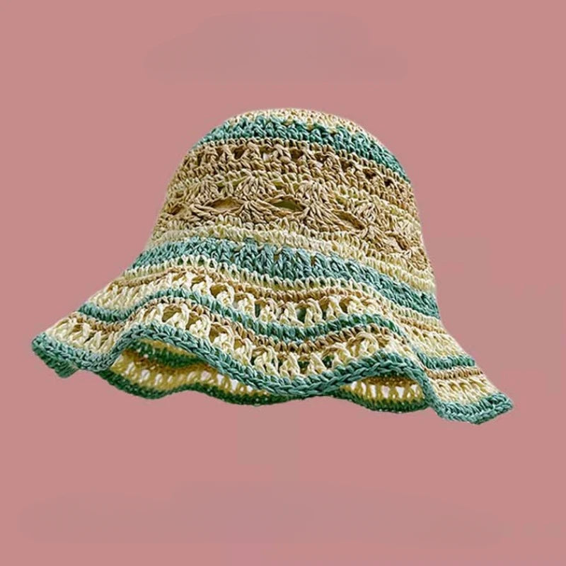 Seaside Colorful Striped Hollow Straw Bucket Hat