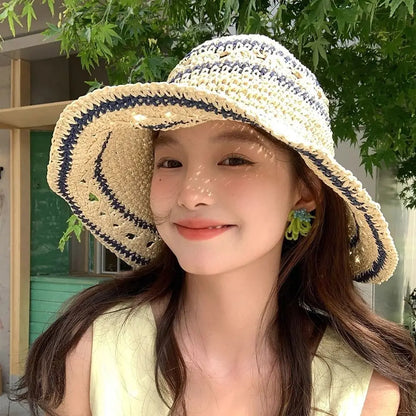 Korean Handmade Straw Crochet Summer Bucket Hat