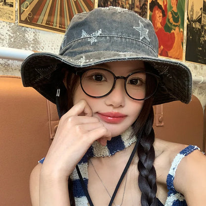 Korean Retro Star Embroidery Washed Denim Bucket Hat