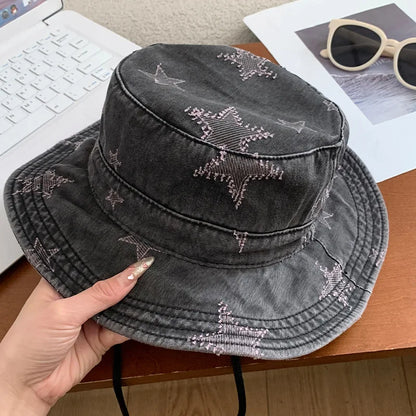 Korean Retro Star Embroidery Washed Denim Bucket Hat