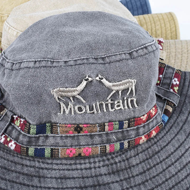 Letter Embroidered Retro Summer Panama Bucket Hat