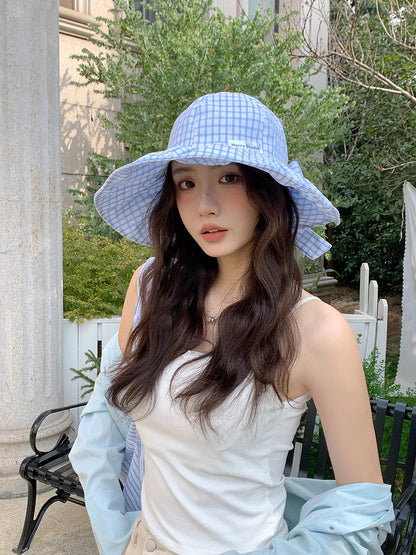Japanese Plaid Knot Wide Brim Summer Bucket Hat