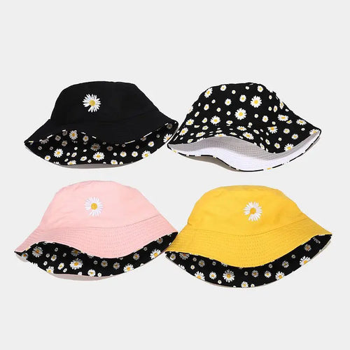Korean Daisy Embroidered Double-Side Tropical Bucket Hat