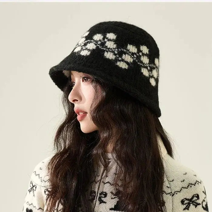 Jacquard Knit Winter Face Cover Bucket Hat