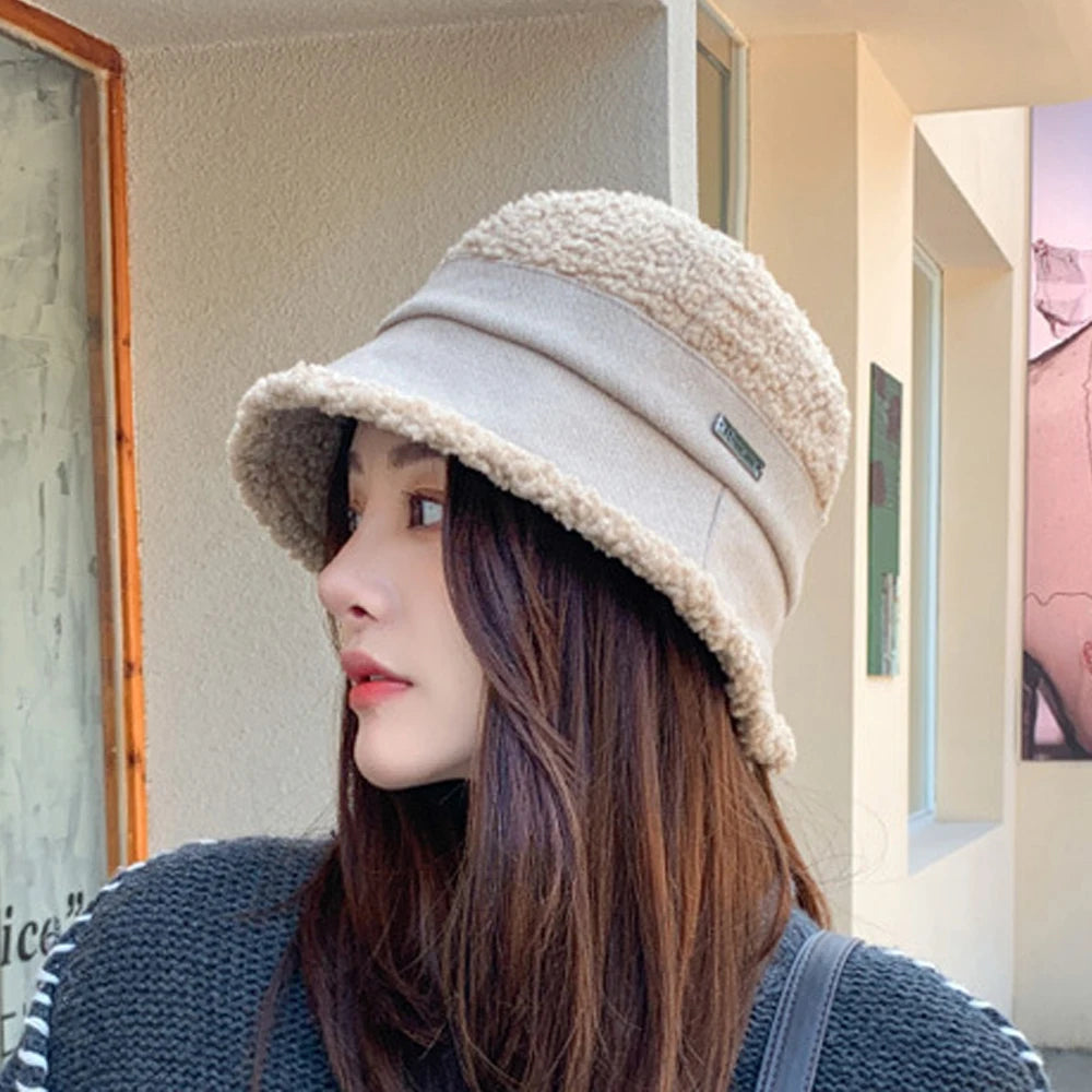 Autumn Winter Knitted Plush Warm Bucket Hat for Women