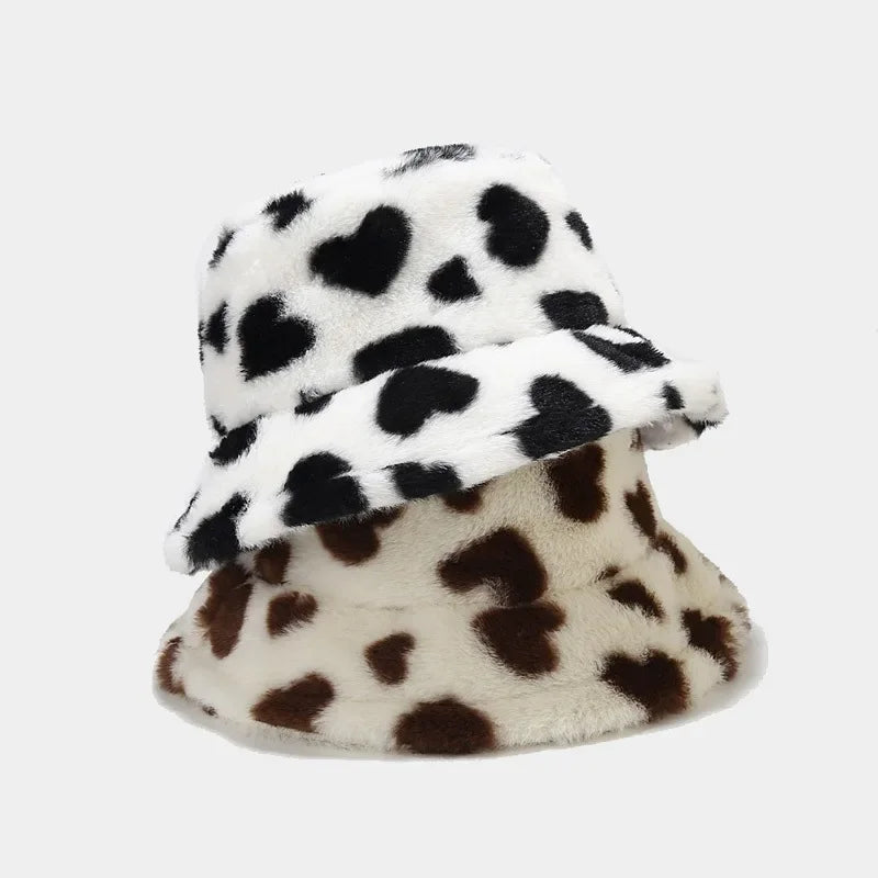Women’s Heart Print Faux Fur Bucket Hat
