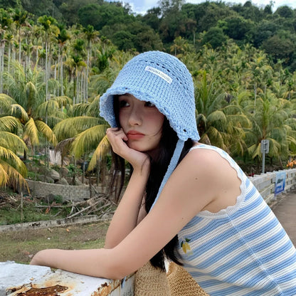Womens Blue Woven Fisherman Large Brim Bucket Hat