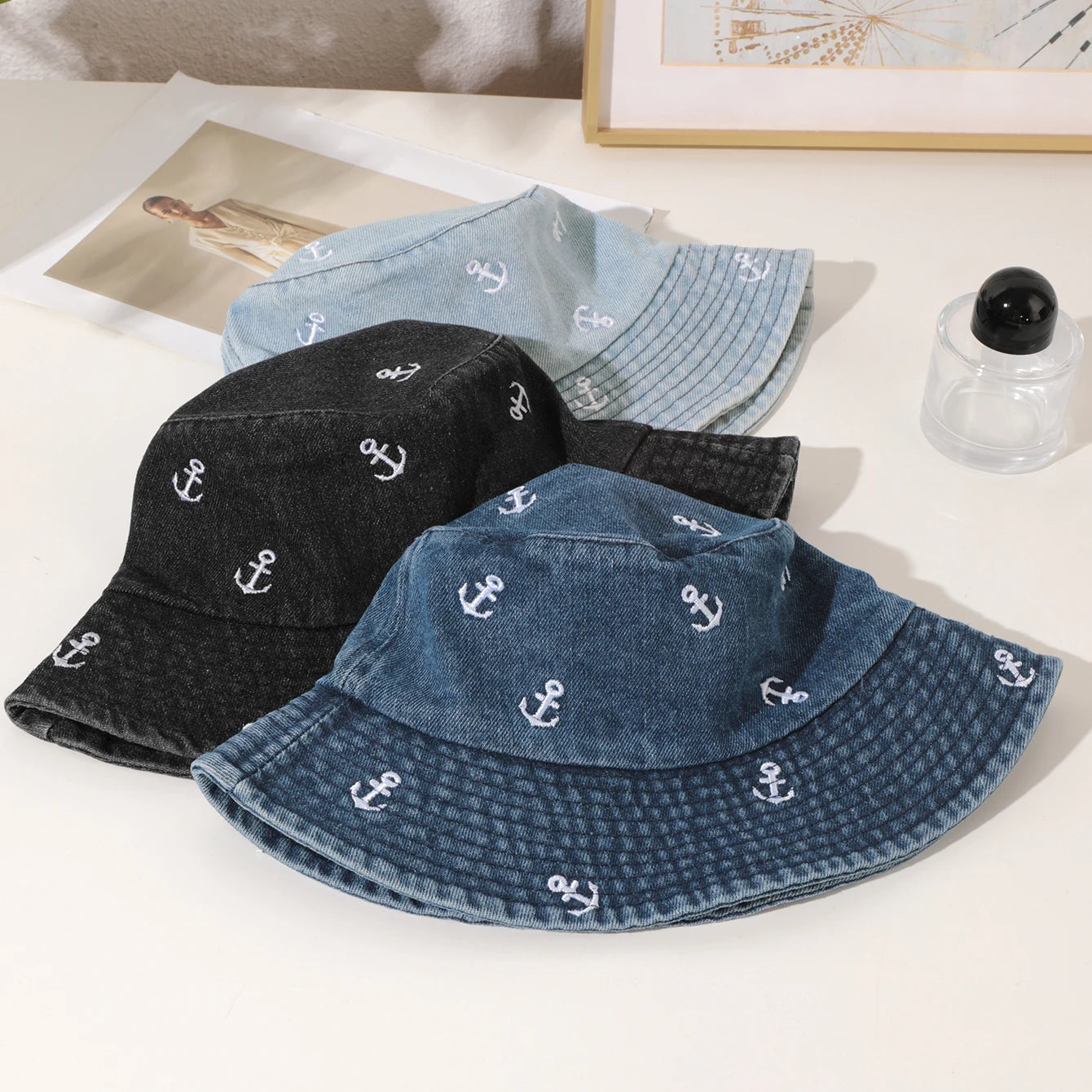 Korean Washed Denim Anchor Fisherman Bucket Hat