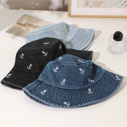 Korean Washed Denim Anchor Fisherman Bucket Hat