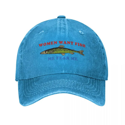 Women Want Fish Me Fear Me Vintage Baseball Cap Unisex