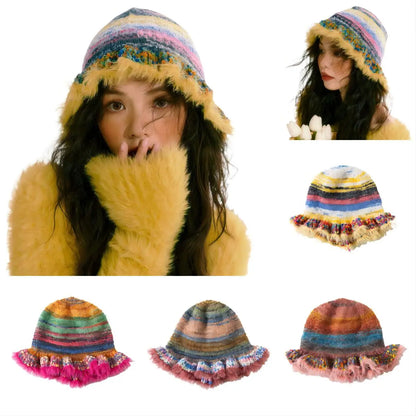 Rainbow Stripe Ruffle Edge Knitted Bucket Hat